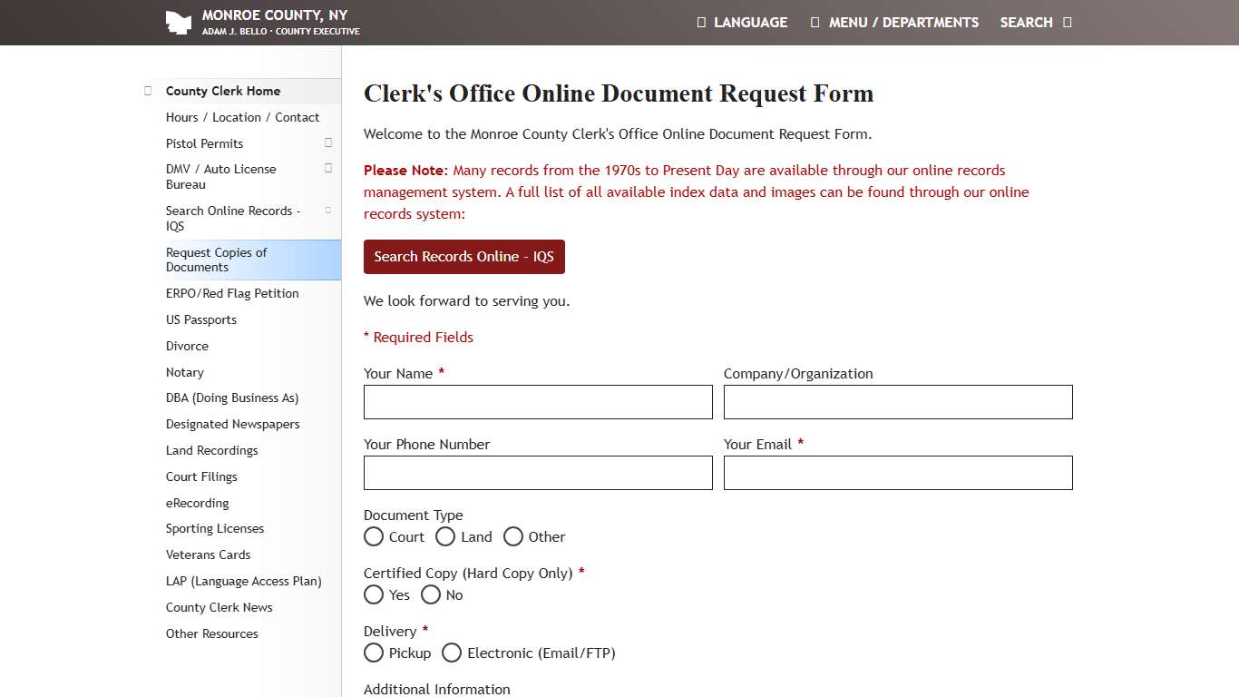 Monroe County, NY - Clerk's Office Online Document Request Form