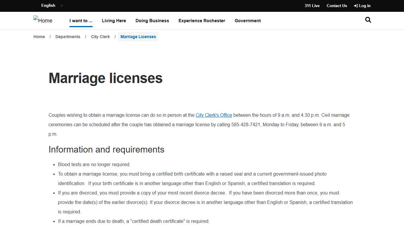 Marriage licenses City of Rochester, New York